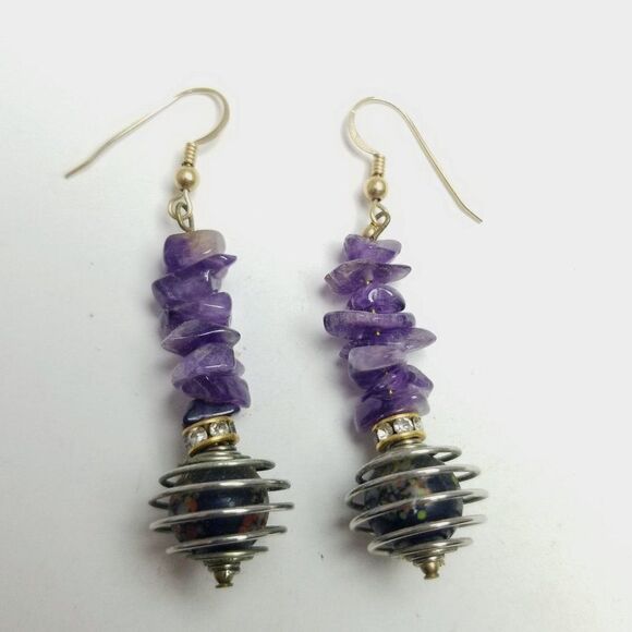 Vintage Purple Beaded Dangle Drop Earrings, Fun Spiral, Polished Stone, Estate - Picture 2 of 5